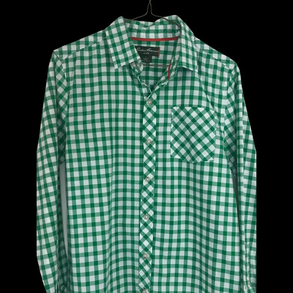 Eddie Bauer Kids XL Green White Gingham Plaid Long Sleeve Button Up Shirt Cotton